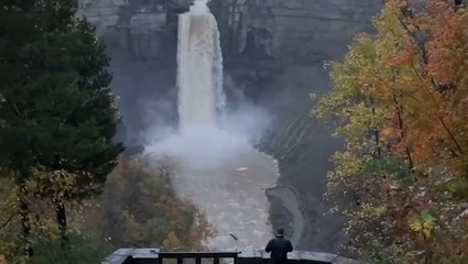 Swollen waterfall rages after heavy rains from nor'easter