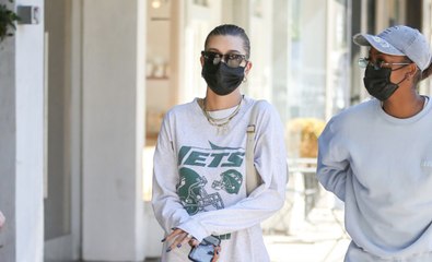 Hailey Bieber Stepped Out in a Sporty-Chic Jets T-Shirt and No Pants