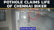 Chennai biker hits pothole, gets crushed to death by bus | Oneindia News