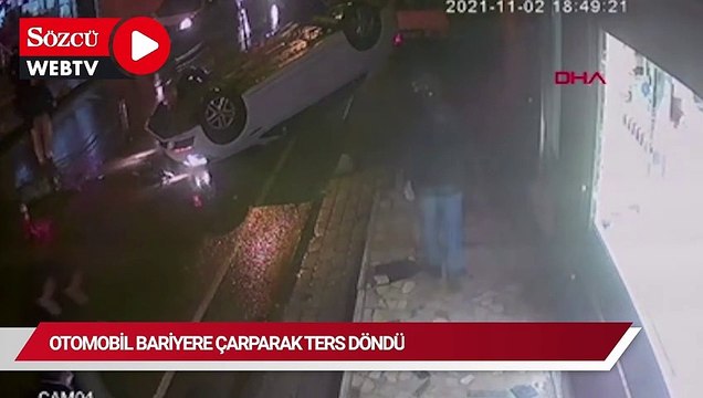 Üsküdar'da otomobil bariyere çarparak ters döndü