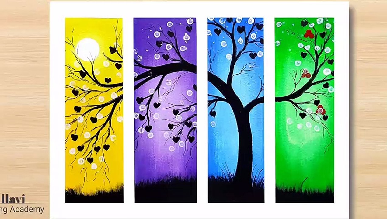 How to draw tree scenery painting with poster color_four colour painting _Pallavi Drawing Academy