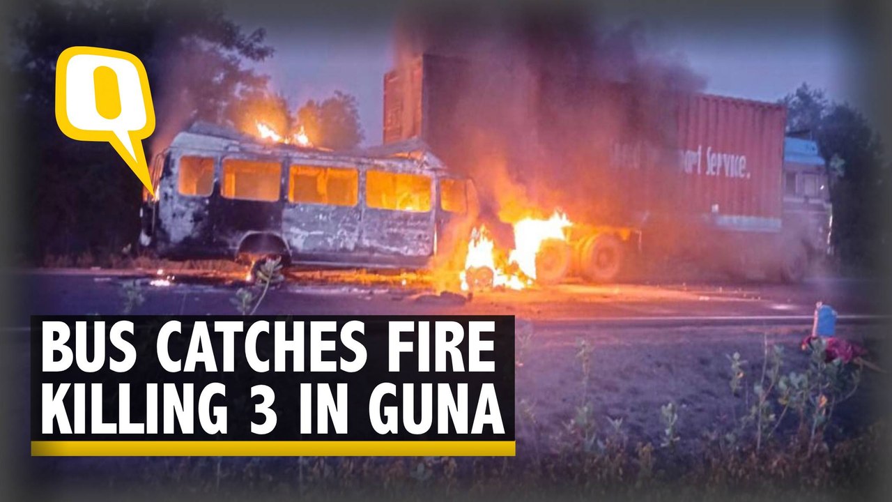 Three Including a Child Dead as Bus Catches Fire After Hitting Parked Truck in Guna, MP