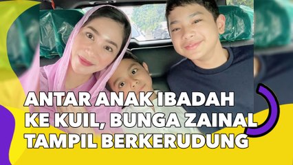 Antar Anak Ibadah ke Kuil, Bunga Zainal Tampil Cantik Berkerudung
