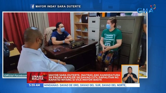 Mayor Sara Duterte, inatras ang kandidatura sa pagka-alkalde sa Davao city; papalitan ng kapatid niyang si Vice Mayor Baste | UB