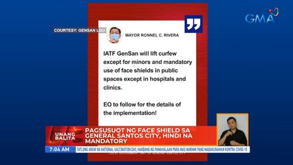 Pagsusuot ng face shield sa General Santos City, hindi na mandatory | UB