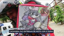 De mochila nas costas e capacete, uma cachorrinha faz sucesso no Rio acompanhando o dono motoboy nas entregas de delivery.