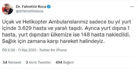 Son dakika... Bakan Koca'dan 'hava ambulans filosu' paylaşımı