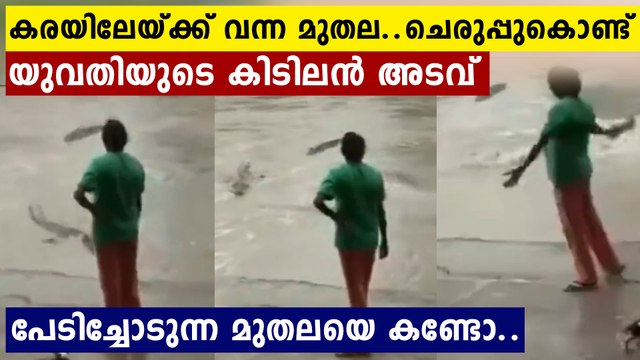 മുതലയെ ഓടിക്കാൻ കിടിലന്‍ പ്രയോഗവുമായി യുവതി, പേടിച്ചോടി മുതല; വീഡിയോ വൈറല്‍