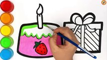 Menggambar dan Mewarnai Kue Stroberi Ulang Tahun dan Kado Warna Warni
