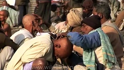 An old Indian devotee has his head shaved during the Kumbh Mela
