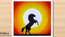 Very easy steps to draw sunset horse painting for beginners __ How to mix two color __ Poster colour