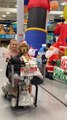 Golden Retriever Rides Shopping Kart With Owner at Store During Christmas Shopping