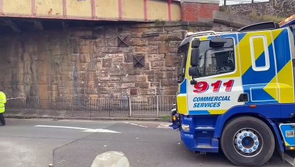 A Lorry toppled onto its side at Edinburgh's Cameron Toll Roundabout this morning