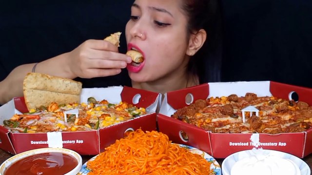 AsmrEating| 2x Cheese Burst Ovenstory Pizza, Garlic Bread, Spicy Noodles Large Pizza Eating Challenge | Foodie JD