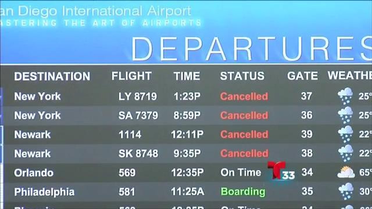 Cancelan vuelos en San Diego por tormenta invernal