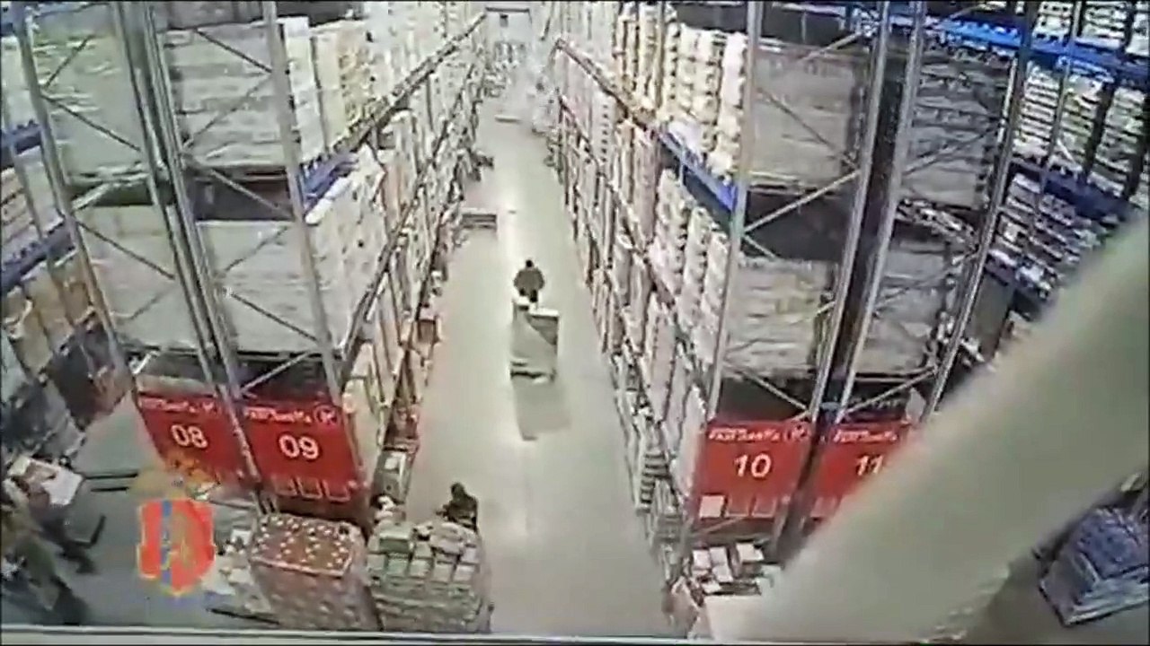 Cet employé échappe de justesse à l'effondrement d'étagères énormes dans un hangar