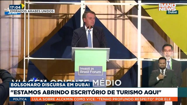 O presidente Jair Bolsonaro falou hoje (15), em Dubai, na Cerimônia de abertura do Fórum para atrair investimentos em projetos no Brasil.Saiba mais em youtube.com.br/bandjornalismo