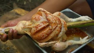 Survival In Jungle Roasted Buffalo Chicken BBQ Eating With Hot Spicy Chili Sauce So Delicious