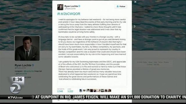 LOCHTE APOLOGIZES FOR HIS ACTIONS SURROUNDING OLYMPICS INCIDENT