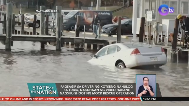 Pagsagip sa driver ng kotseng nahulog sa tubig, nakuhaan ng video habang nagshu-shoot ng mock rescue operation | SONA