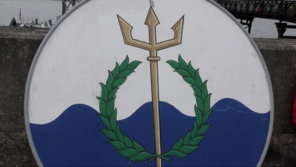 HMS Chatham funnel badges are welcomed home by the Royal Navy