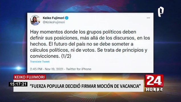 Keiko: la bancada Fuerza Popular ha decidido firmar la moción de vacancia presidencial