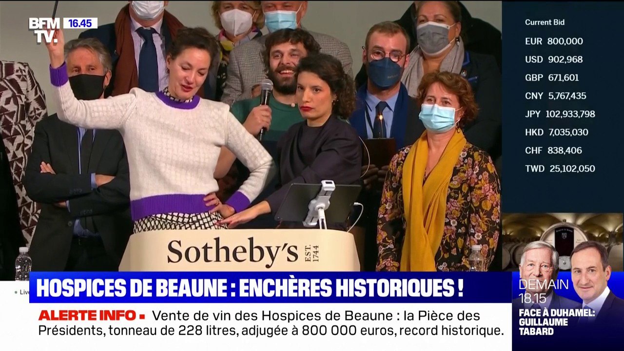 Vente de vin des Hospices de Beaune: la Pièce des Présidents, un tonneau de 228 litres, adjugée un prix record de 800.000 euros