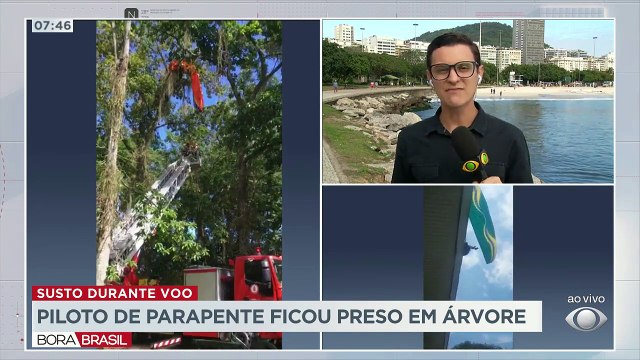 Mais um acidente com parapente em menos de uma semana, no Rio de Janeiro. O piloto ficou preso em uma árvore.