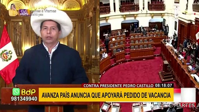 Bancada de Avanza País anuncia que respaldará pedido de vacancia contra presidente Castillo