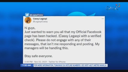 Cassy Legaspi, nagbabala sa kanyang follwers na na-hack ang kanyang official FB page | UB