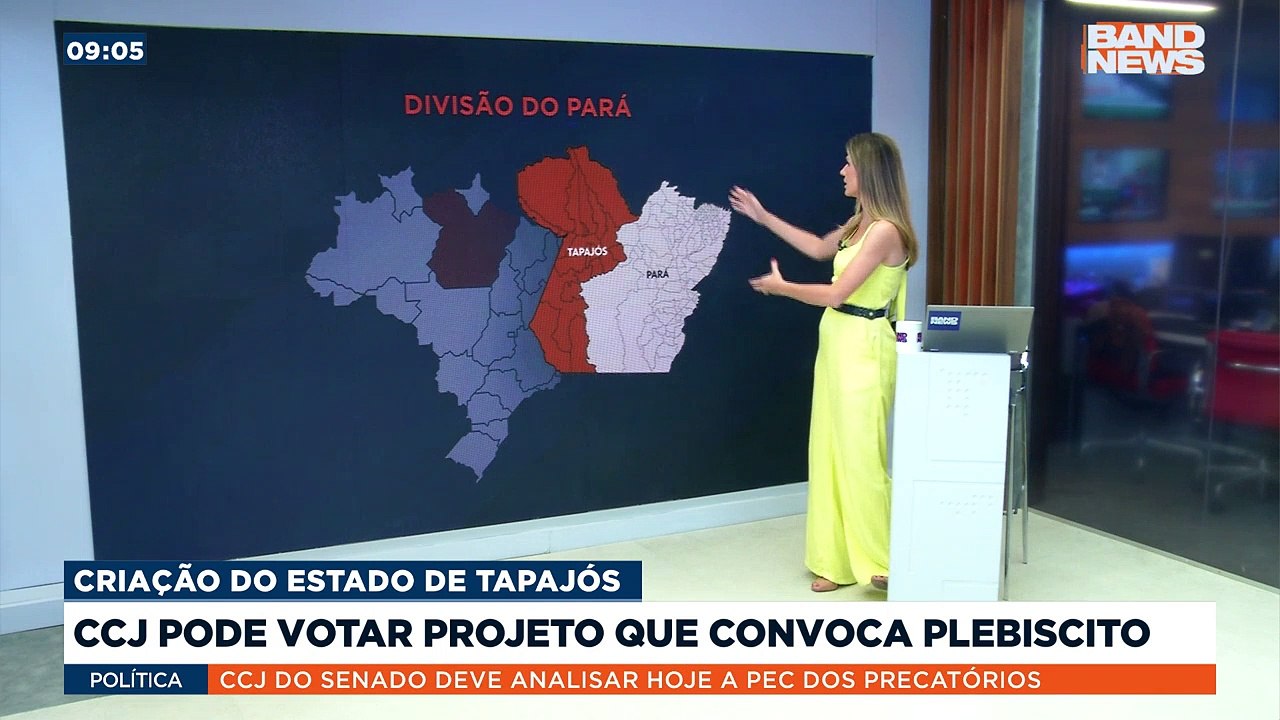 A Comissão de Constituição e Justiça do Senado poderá votar hoje (24) o projeto que convoca um plebiscito sobre a criação do Estado de Tapajós.Saiba mais em youtube.com.br/bandjornalismo#BandNews20anos #Tapajós #CCJ