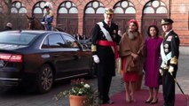 La Reina Letizia, con tocado y capa en su primer encuentro con los Reyes de Suecia