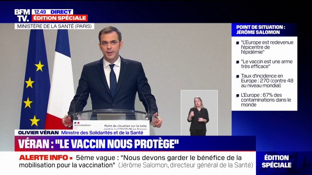 Olivier Véran annonce l'ouverture d'une 3e dose pour les plus de 18 ans et dès 5 mois après la dernière injection