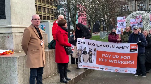 GMB Protest: Secondary School Janitors and Cleaners march for more pay outside Glasgow City Council Chamber