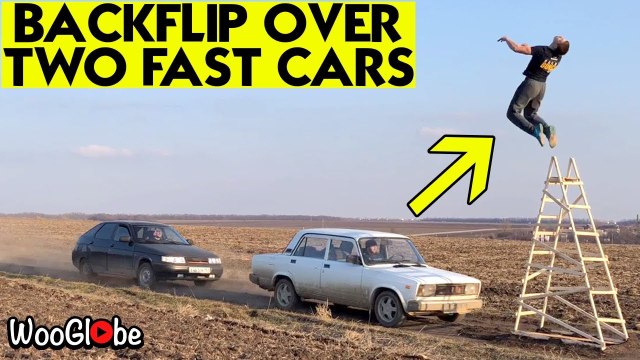 'Daredevil jumps off a ladder and pulls a CRAZY mid-air backflip over two speeding cars '