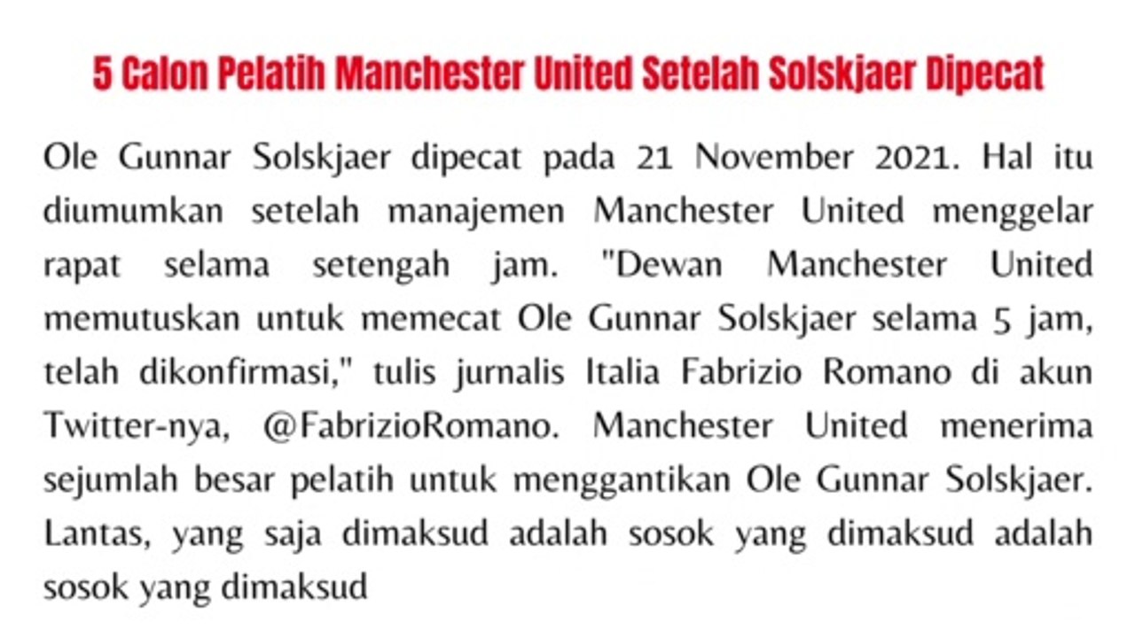 5 Calon Pelatih Manchester United Setelah Solskjaer Dipecat
