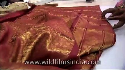 Red and golden kanchipuram silk saree for sale - India