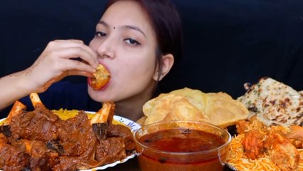 Asmr Eating 1.5kg  Mutton Curry, Chicken Biriyani, Bhatura, Butter Garlic Naan, Yellow Rice   Foodie JD
