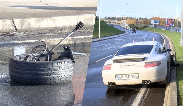 Lastiği kopan lüks otomobil metrelerce sürüklendi