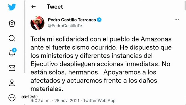 Castillo tras terremoto en Amazonas: “Apoyaremos a los afectados y actuaremos frente a daños materiales”