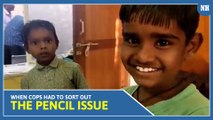 Childhood innocence : little boy complains to police for his missing pencil against friend