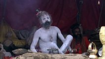 An Indian Naga Sadhu at the Juna Akhara camp during Maha Shivratri, Varanasi