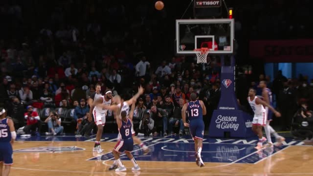 Harden flies through the paint for the put-back slam