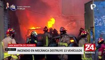 SMP: voraz incendio arrasó con 13 vehículos en taller mecánico