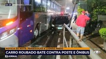 Um roubo de carro terminou em troca de tiros e perseguição na Grande São Paulo. Um bandido acabou detido quando bateu o veículo contra um poste e um ônibus.