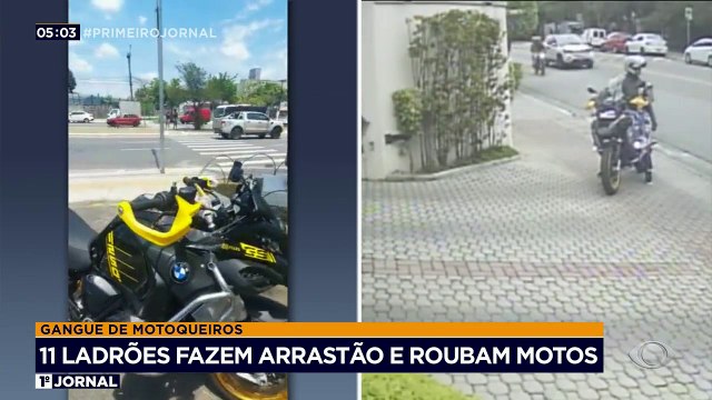Gangue de motoqueiros faz arrastão e aterroriza vítimas na zona leste de São Paulo. O roubo foi flagrado pelo circuito de segurança, que mostra 11 bandidos assaltando dois motociclistas.