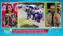 Vídeo mostra homem, com bebê no colo, desferindo chutes e socos em Nayara Oliveira, influenciadora digital.