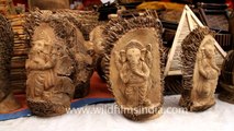 Display of wooden craft items at Surajkund Mela