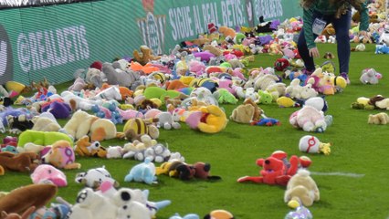 Un stade recouvert de peluches après un match de foot