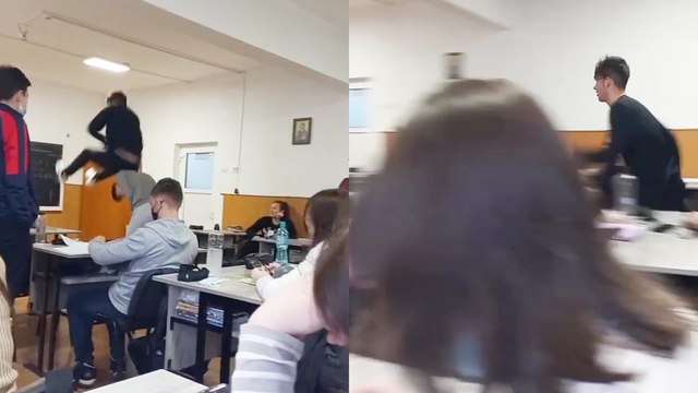 'Boy falls on his bum after failing at jumping over friend's shoulders '